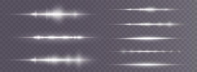 Pacote de flares de lente horizontal branca. Feixes de laser, raios de luz horizontais.