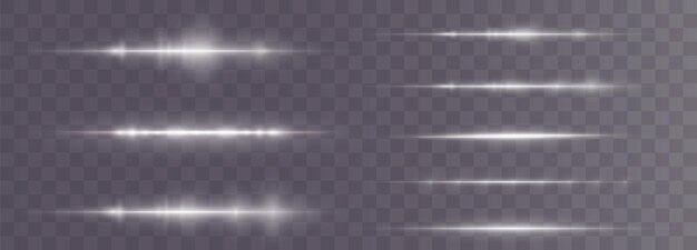 Pacote de flares de lente horizontal branca. Feixes de laser, raios de png de luz horizontal.