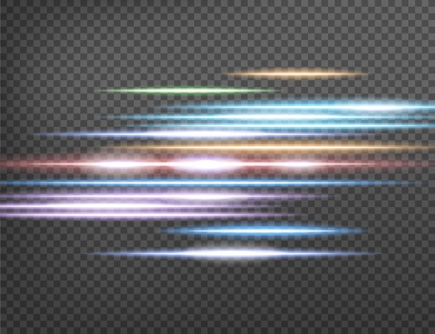 Pacote de flares de lente horizontal Feixes de laser raios de luz horizontais isolados em fundo transparente ilustração vetorial