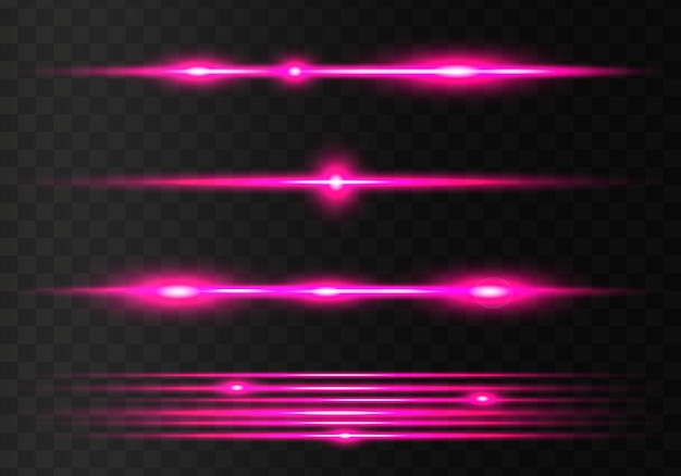 Pacote de flares de lente horizontal rosa. conjunto abstrato de sinalizadores de luz, feixes de laser, forrado de espumante. vetor