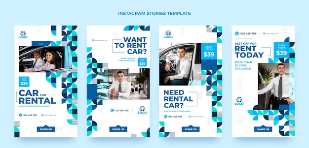 Pacote de histórias do instagram de aluguel de carros de design plano