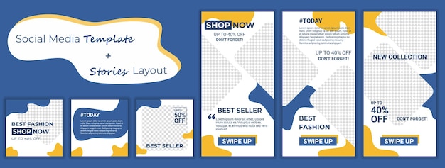 Pacote de histórias e fotos elegantes de postagens de mídia social Fundos de design de moda para aplicativos móveis em estilo minimalista Modelos abstratos azuis e amarelos com espaço para texto Ilustração vetorial