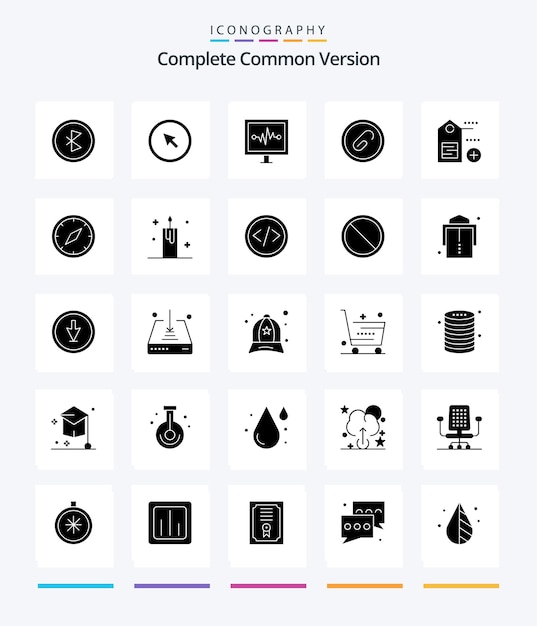 Pacote de ícones creative complete common version 25 glyph solid black, como pulso de anexação de ponto de documento de arquivo