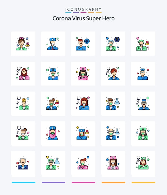 Pacote de ícones creative corona virus super hero 25 line filled, como avatar, pergunte a um médico, avatar masculino, médico, pessoas