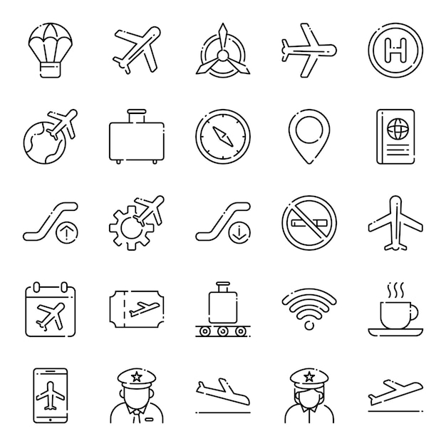 Vetor pacote de ícones da aviação, com estilo de ícone de estrutura de tópicos