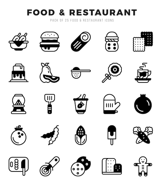 Vetor pacote de ícones de alimentos e restaurantes icones de estilo preenchido linear ilustração vetorial