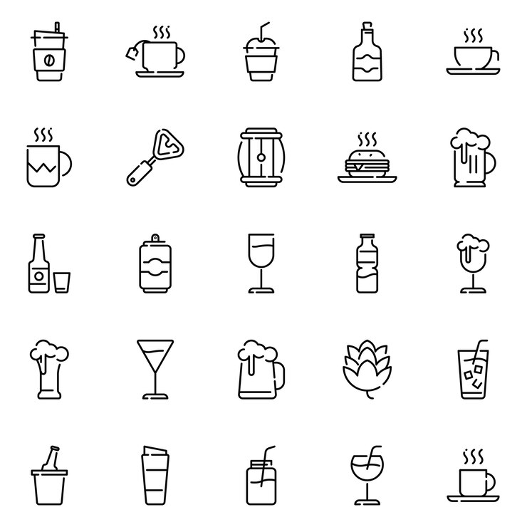 Pacote de ícones de bebidas, com estilo de ícone de estrutura de tópicos