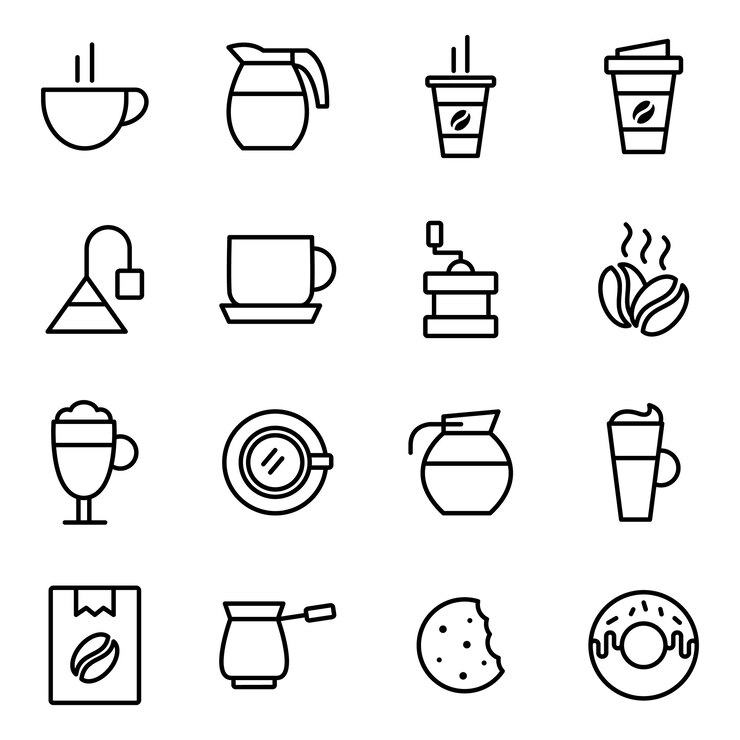 Pacote de ícones de café, estilo de ícone de estrutura de tópicos