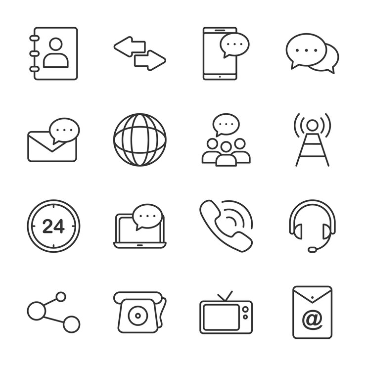 Pacote de ícones de comunicação, estilo de ícone de estrutura de tópicos