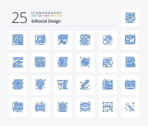 Pacote de ícones de design editorial de 25 cores azuis, incluindo design de engenharia de desenho de mãos de escritório