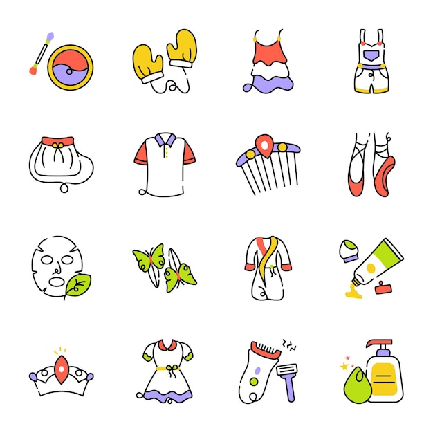 Pacote de ícones de moda e autocuidado desenhados à mão