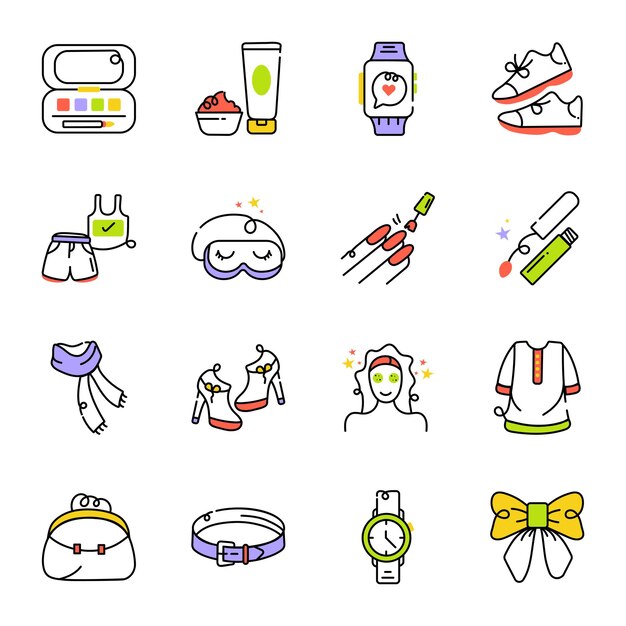 Pacote de ícones de moda e beleza desenhados à mão