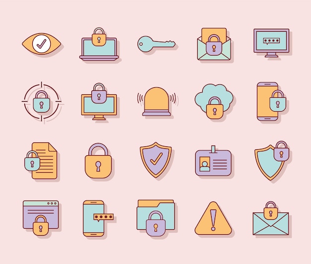 Pacote de ícones de segurança cibernética em um fundo rosa