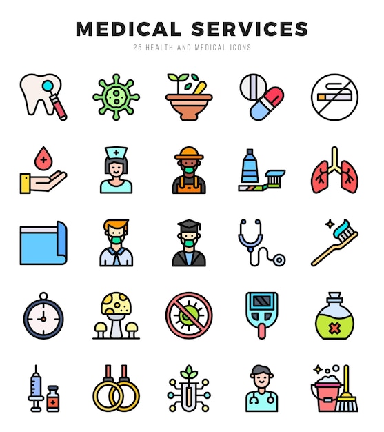 Pacote de ícones de serviços médicos para a apresentação móvel do seu site e design de logotipo