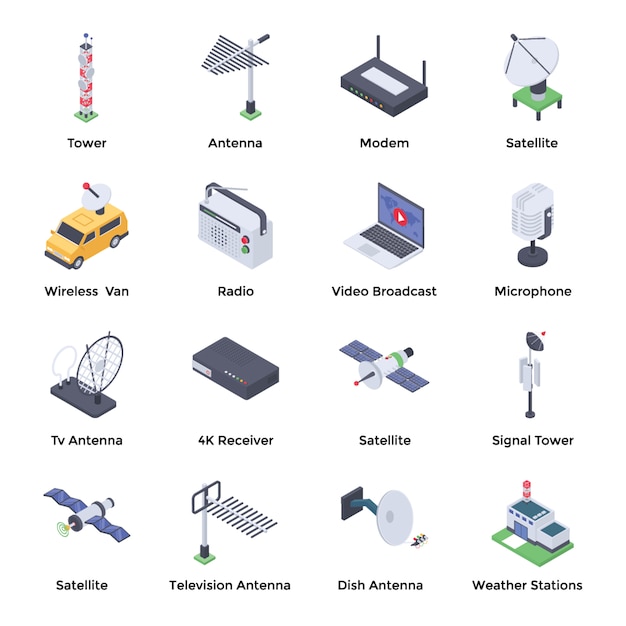 Pacote de ícones isométrica de telecomunicações