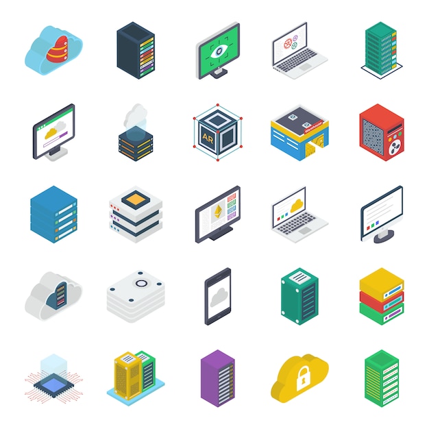 Pacote de ícones isométricos da tecnologia dataserver