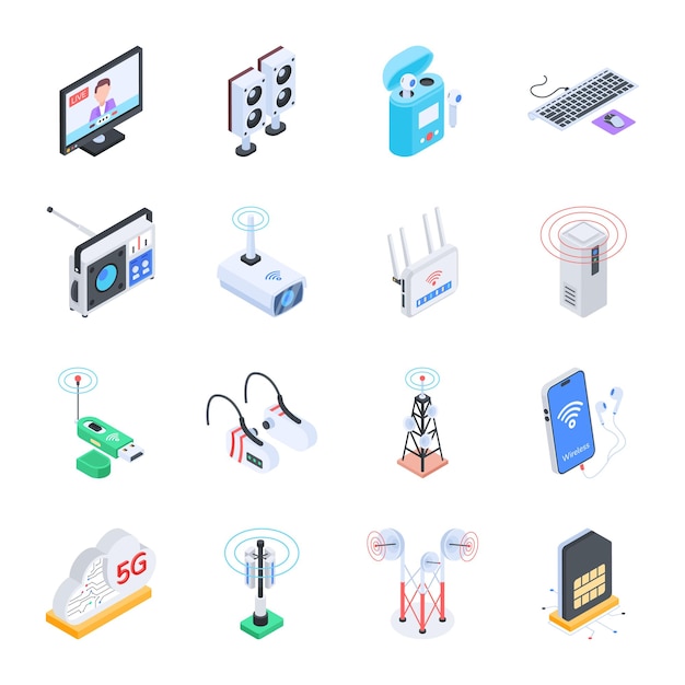Pacote de ícones isométricos de dispositivos de comunicação