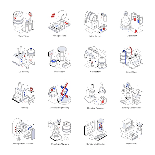 Pacote de ícones isométricos de elementos de engenharia