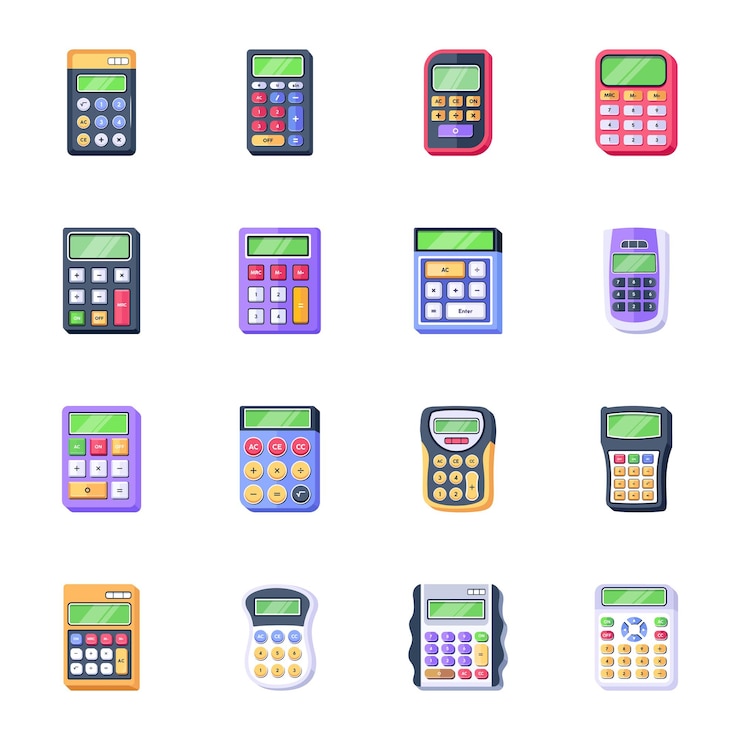 Vetor pacote de ícones planos de calculadoras digitais