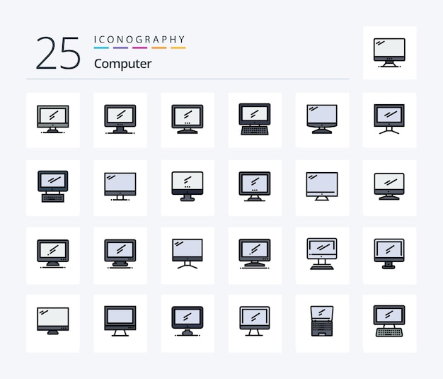 Pacote de ícones preenchidos com 25 linhas de computador, incluindo dispositivo de laptop de camada 1