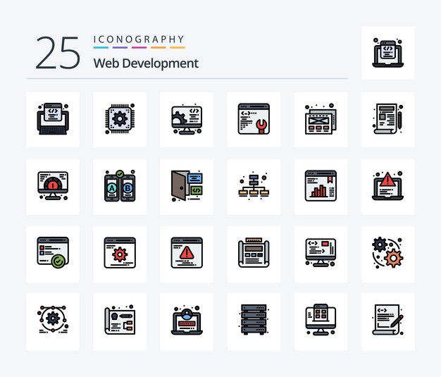 Pacote de ícones preenchidos com 25 linhas de desenvolvimento da web, incluindo desenvolvimento de configuração de desenvolvimento de design de maquete de projeto