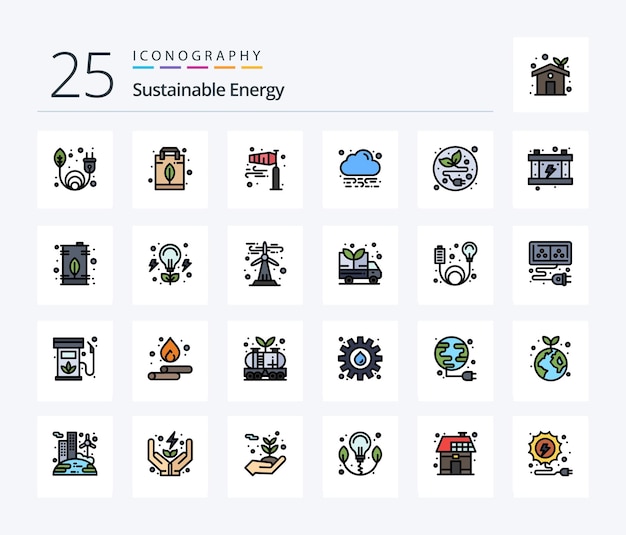 Pacote de ícones preenchidos com 25 linhas de energia sustentável, incluindo folha, direção de energia alternativa, energia da nuvem