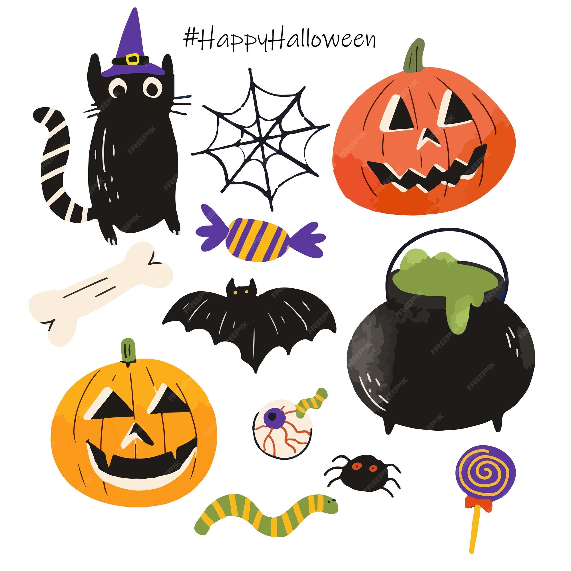 Pacote de ilustração de halloween estilo de desenho animado doodle coleção  de design plano coisas assustadoras truques ou travessuras