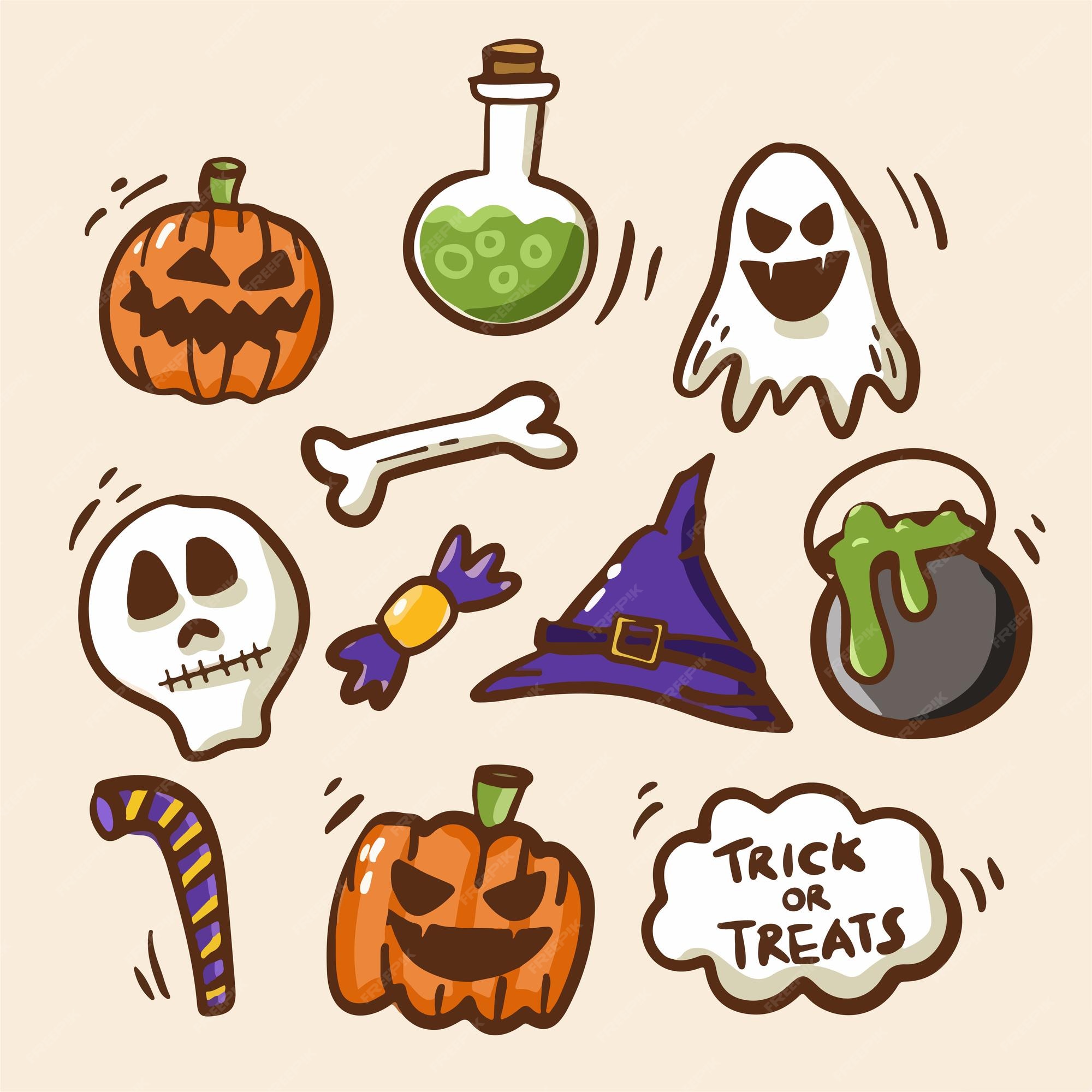 Pacote de ilustração de halloween estilo de desenho animado doodle coleção  de design plano coisas assustadoras truques ou travessuras