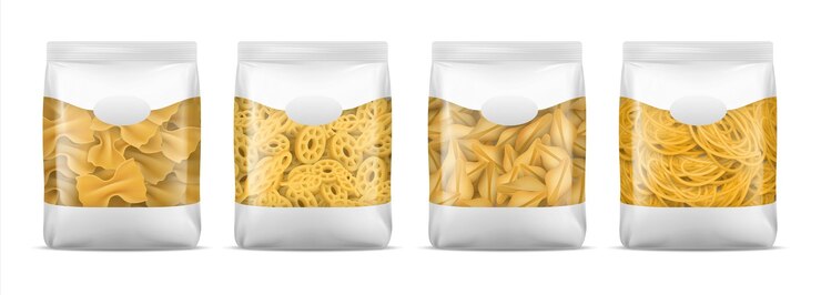 Vetor pacote de macarrão maquete realista de espaguete ou saco de macarrão conjunto de embalagens 3d de macarrão em branco para modelo de comida italiana de marca recipiente com espaço para cópia produtos de farinha vetorial