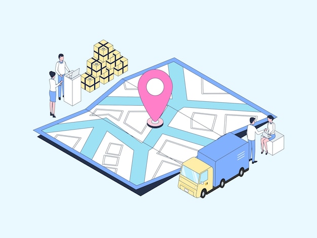 Pacote de mapa de negócios enviado rastreando a cor linear da ilustração isométrica. Adequado para aplicativo móvel, site, banner, diagramas, infográficos e outros ativos gráficos.