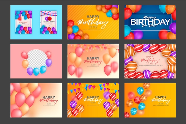 Pacote de modelo de desejo de aniversário com conjunto de balões coloridos e plano de fundo e texto