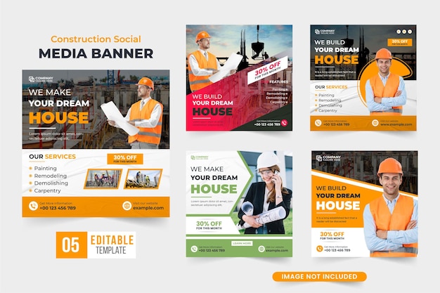 Pacote de modelo de negócios de construção de casas com cores vermelhas e amarelas Coleção de banners da web de serviço de construção imobiliária para marketing on-line Design de postagem de mídia social de serviço de construção