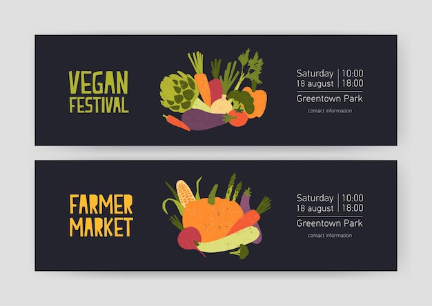 Pacote de modelos de banner da web com safras colhidas e vegetais coletados e local para texto em preto