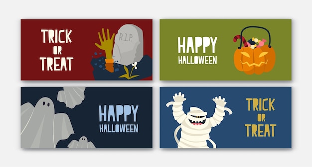 Pacote de modelos de banner da web de férias horizontais com personagens de halloween - múmia, jack-o'-lantern com doces, fantasma. ilustração em vetor plana dos desenhos animados para celebração festiva, promoção.