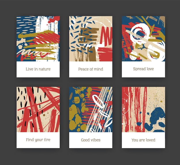 Pacote de modelos de panfleto ou cartão postal com texturas de mão abstrata desenhada com manchas de tinta colorida, pinceladas, borrões, rabisco. ilustração em vetor artístico criativo em estilo de arte contemporânea.