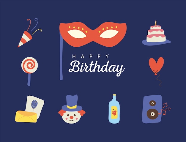 Pacote de nove ícones e letras de estilo simples de celebração de feliz aniversário