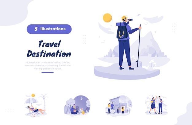 Pacote de pacote de ilustração de destino de férias de viagem