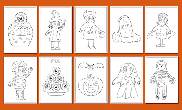 Pacote de páginas para colorir de halloween. impressões de personagens assustadores bonitos para livro de colorir