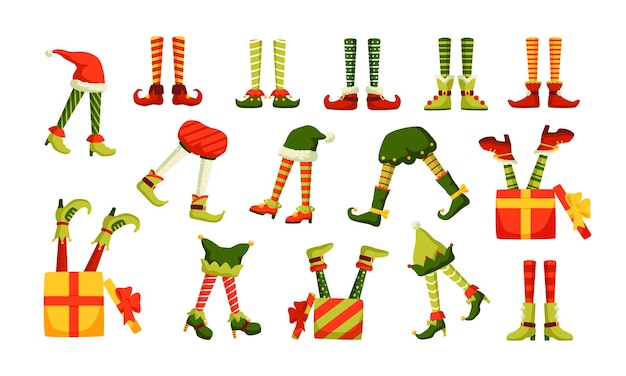 Pacote de pernas de duendes de Natal saindo de chapéus e caixas de presente isoladas em fundo branco. Conjunto de elementos engraçados de design de férias. Ilustração vetorial festiva colorida em estilo desenho animado plano.