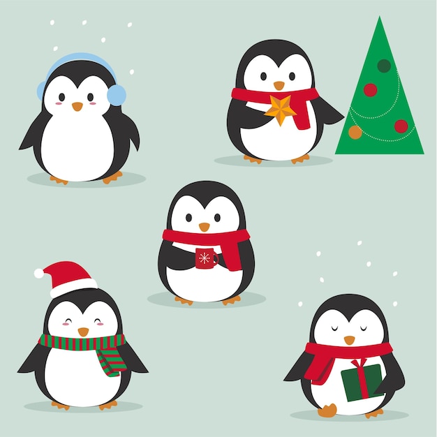 Vetor pacote de pinguins de natal fofos