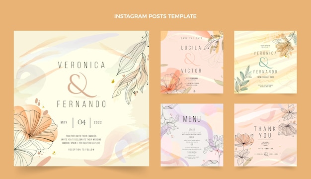 Pacote de postagens do Instagram de casamento desenhado à mão