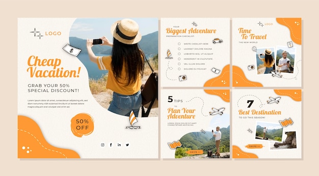Pacote de postagens do Instagram de viagens desenhado à mão