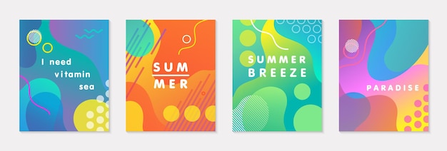 Pacote de pôsteres de verão modernos com fundo gradiente brilhante, formas e elementos geométricos. Desenho abstrato moderno perfeito para impressões, mídias sociais, banners, convites, design de branding, capas