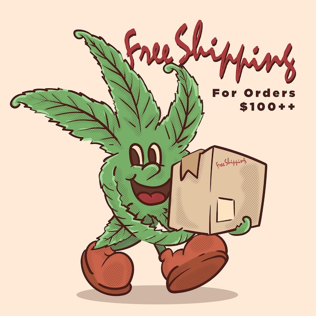 Vetor pacote de retenção de cannabis para frete grátis ilustração de mascote de estilo vintage de produto de cânhamo