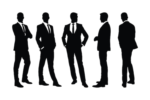 Pacote de silhueta de empresário moderno em posições diferentes Funcionários do sexo masculino vestindo vestidos oficiais e em pé Coleção de silhueta de modelo masculino anônimo em um fundo branco