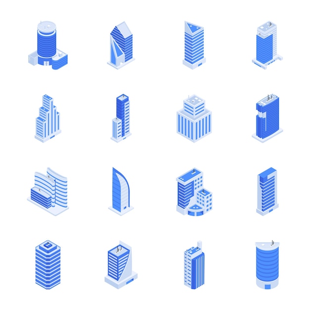 Pacote de tendência de ícones isométricos de edifícios comerciais