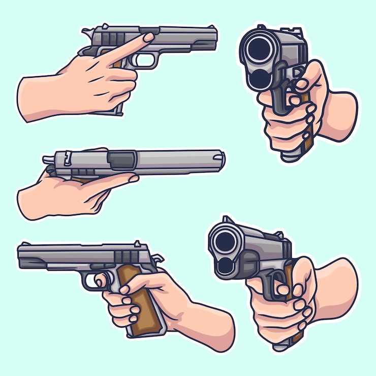 Vetor pacote de vetores grátis várias poses mão segurando arma design bonito estilo de desenho de mão
