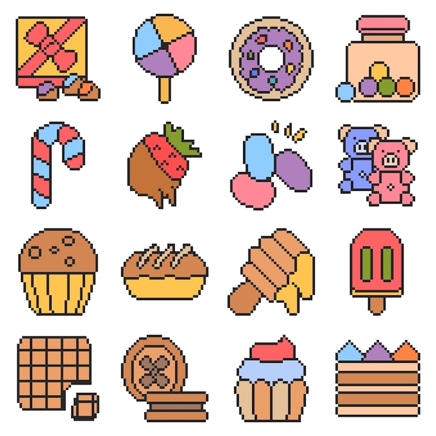 Pacote gratuito de pixel art vetorial de bolos de lanche adequado para adesivos e emoticons engraçados