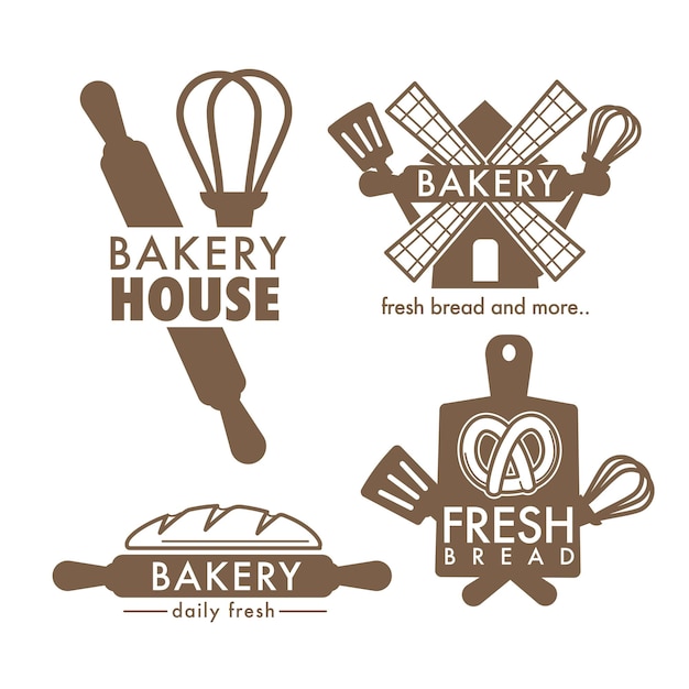 Vetor padaria, ícones isolados, utensílios de cozinha e pão