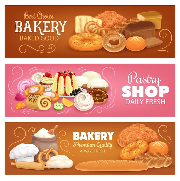 Padaria pastelaria e banners vetoriais de pão